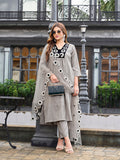 Steel Grey color silk blend thread & sequence work on neck A-line kurta & trouser with dupatta set