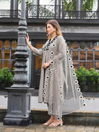 Steel Grey color silk blend thread & sequence work on neck A-line kurta & trouser with dupatta set