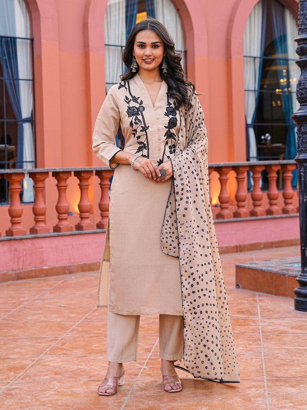 Beige color silk blend with black thread sequinned kurta & trouser with Bandhni Printed dupatta set