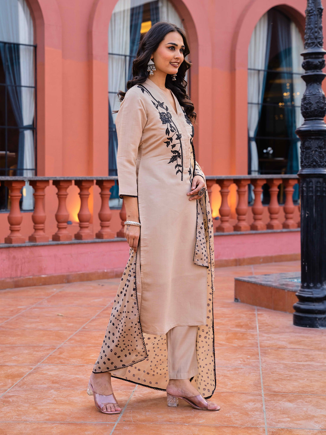 Beige color silk blend with black thread sequinned kurta & trouser with Bandhni Printed dupatta set