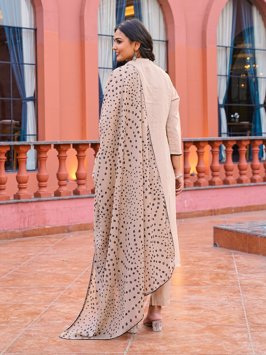 Beige color silk blend with black thread sequinned kurta & trouser with Bandhni Printed dupatta set