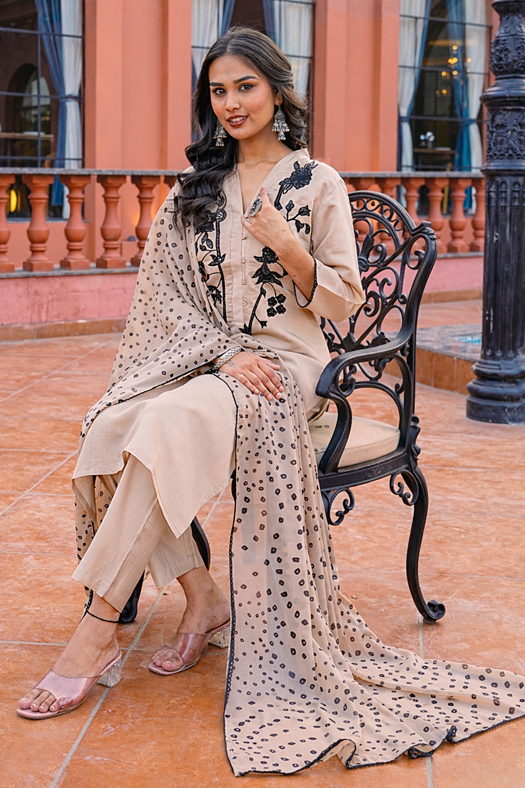 Beige color silk blend with black thread sequinned kurta & trouser with Bandhni Printed dupatta set