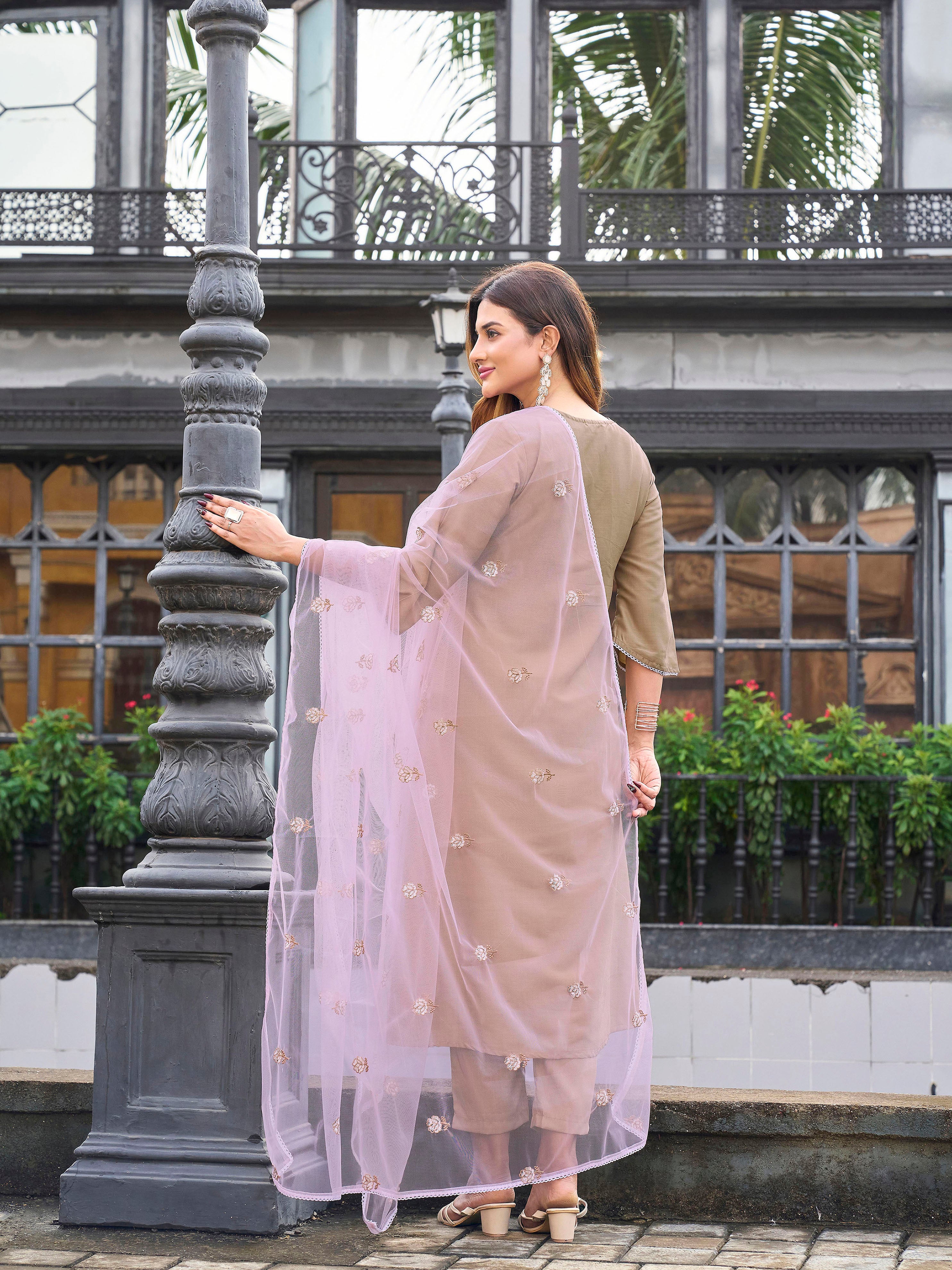 Beige color silk blend with pink thread embroidered kurta & trouser with dupatta set