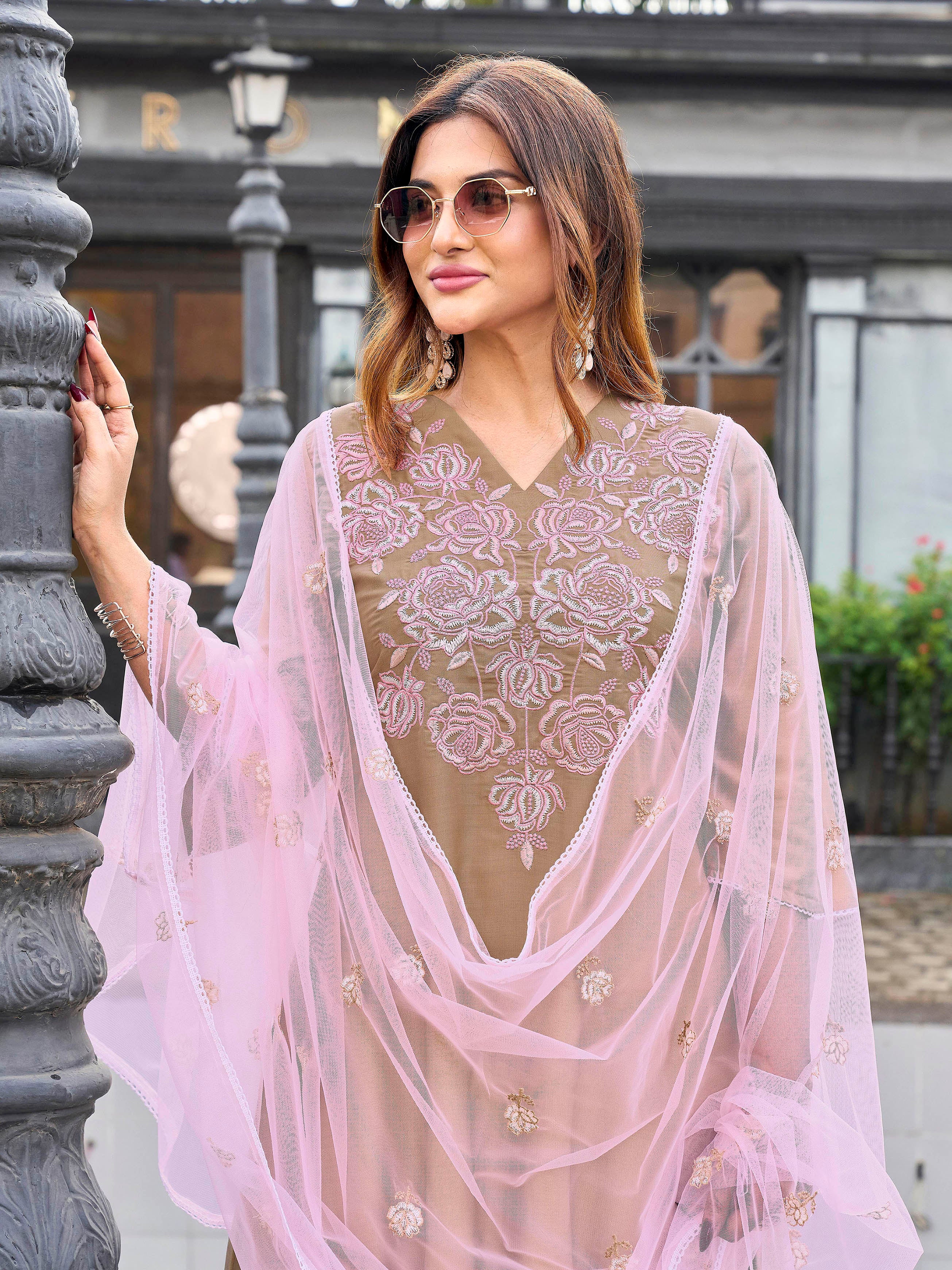 Beige color silk blend with pink thread embroidered kurta & trouser with dupatta set