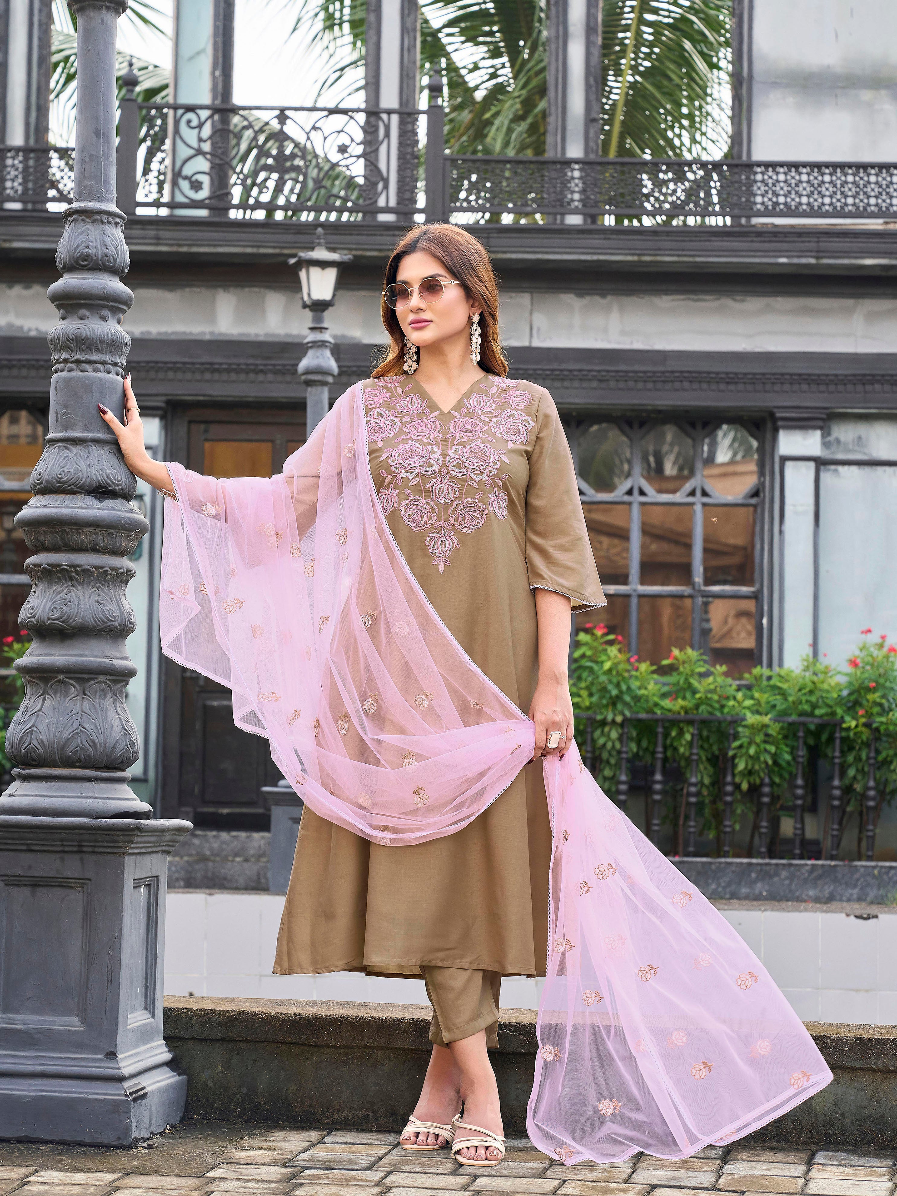 Beige color silk blend with pink thread embroidered kurta & trouser with dupatta set