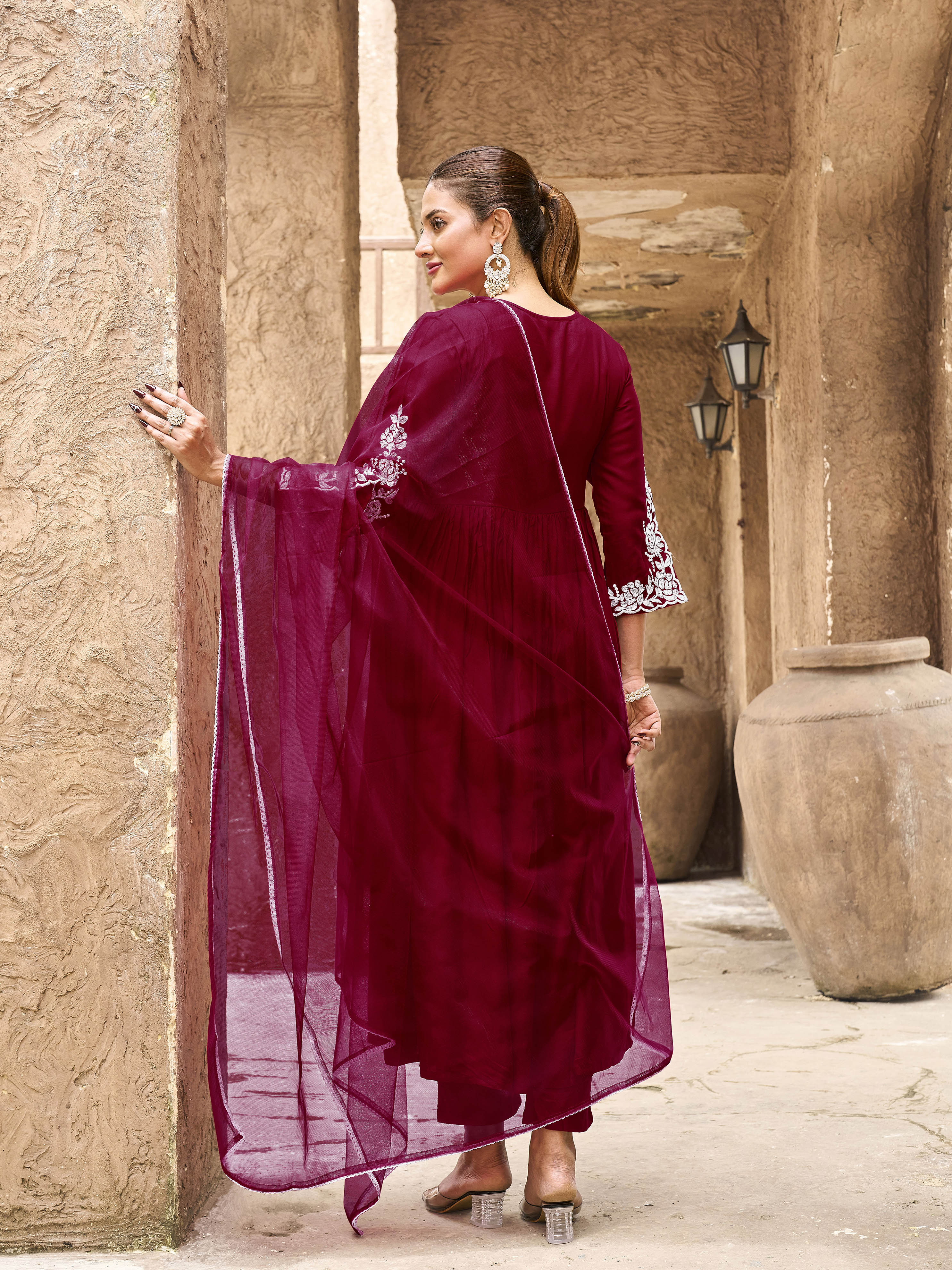 Red color rayon white thread embroidered A-line kurta & trouser with dupatta set