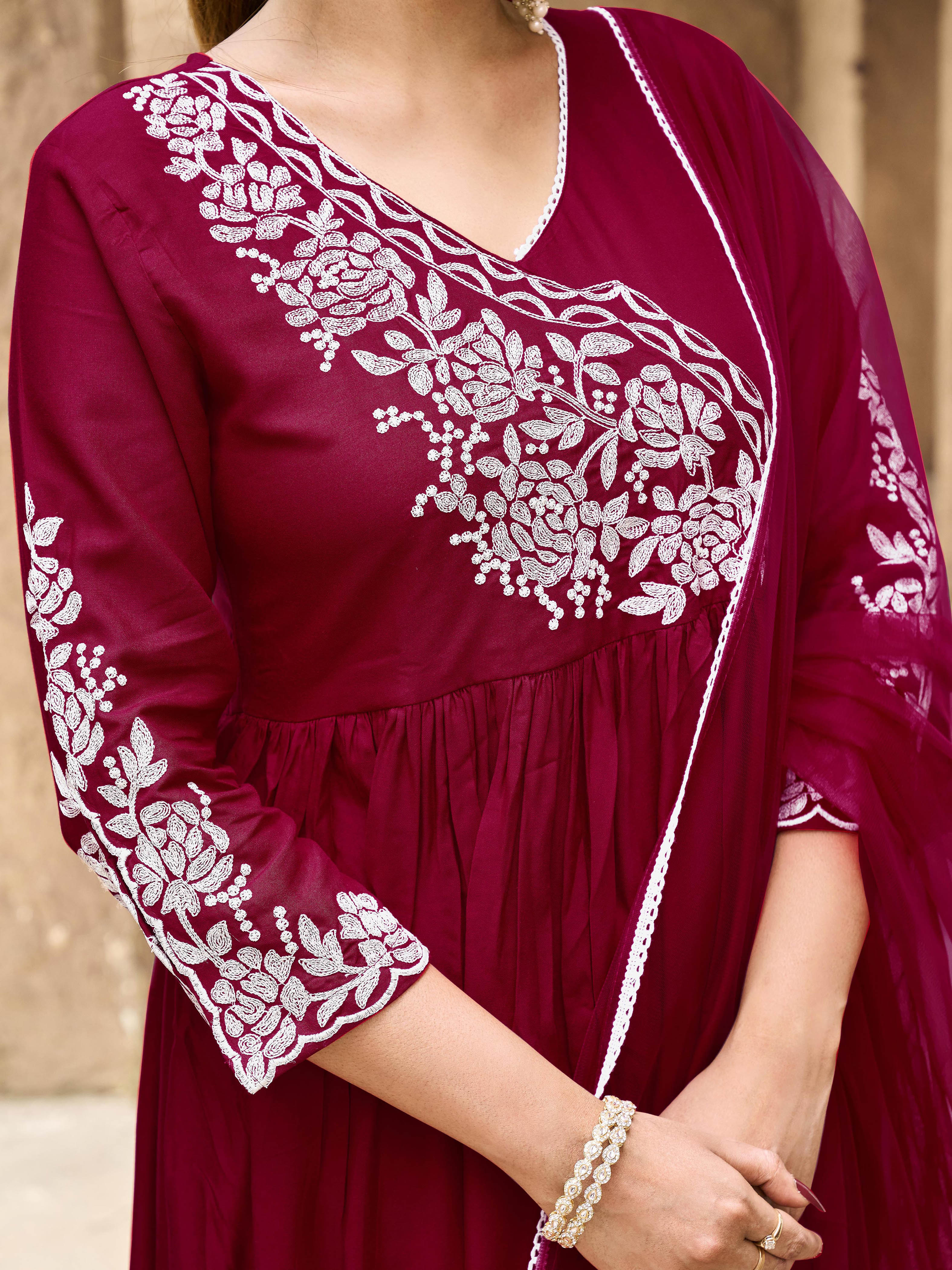 Red color rayon white thread embroidered A-line kurta & trouser with dupatta set