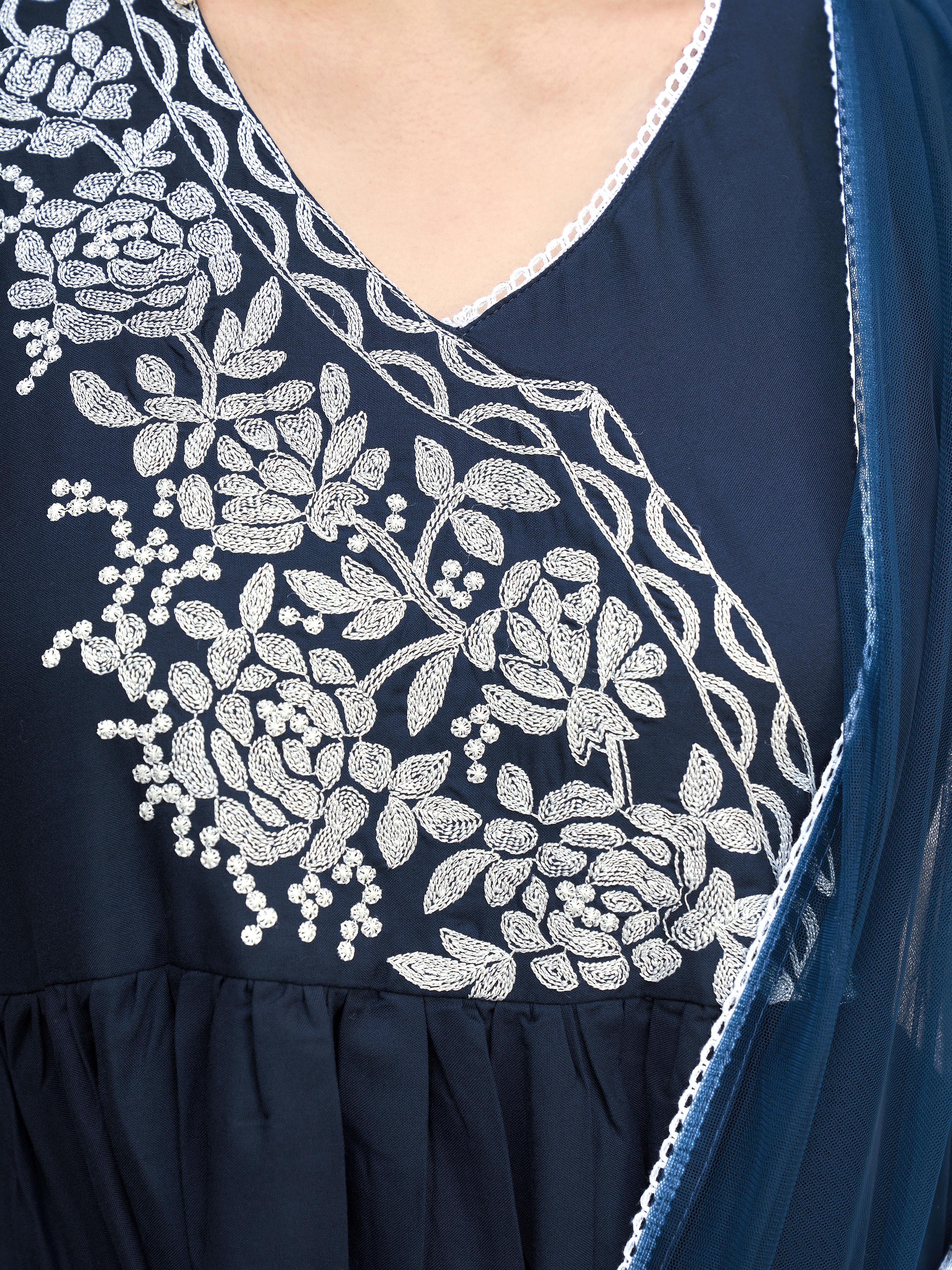 Teal color rayon white thread embroidered A-line kurta & trouser with dupatta set