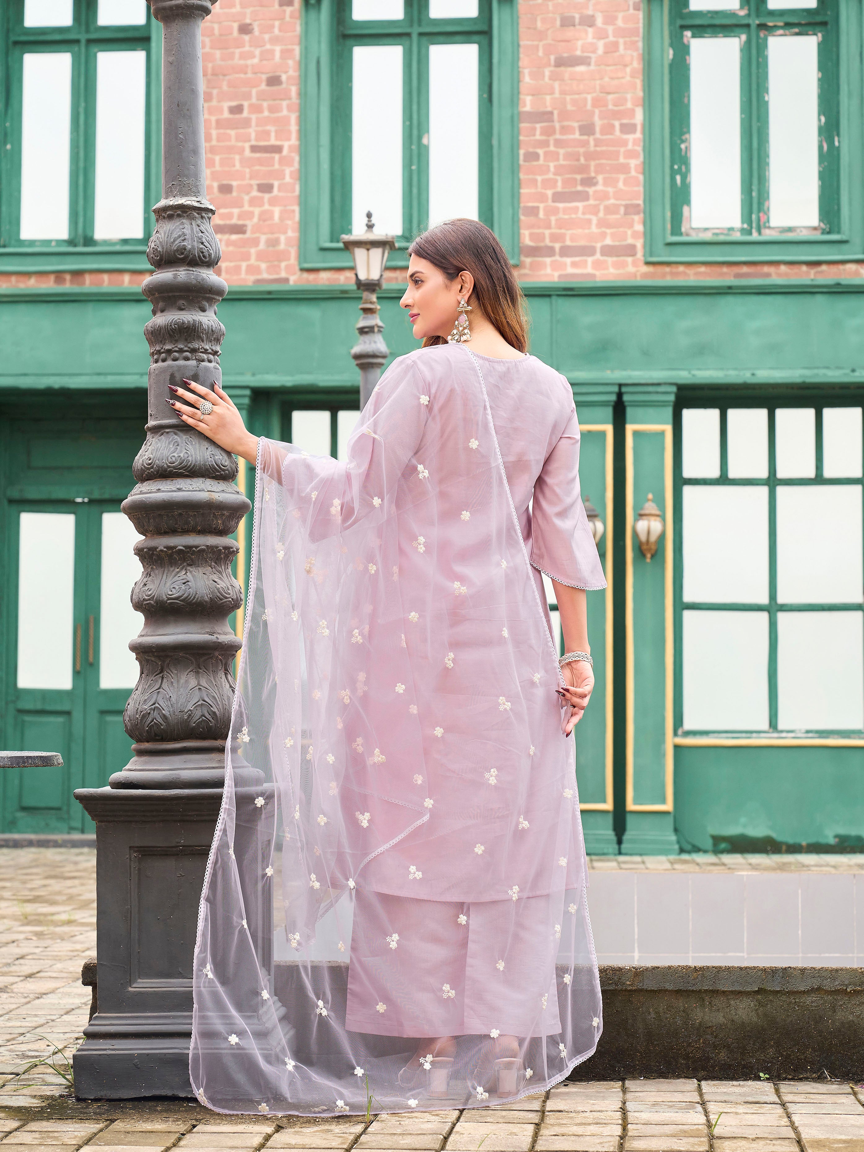 Pink color silk blend with colourful thread embroidered kurta & palazzo with dupatta set