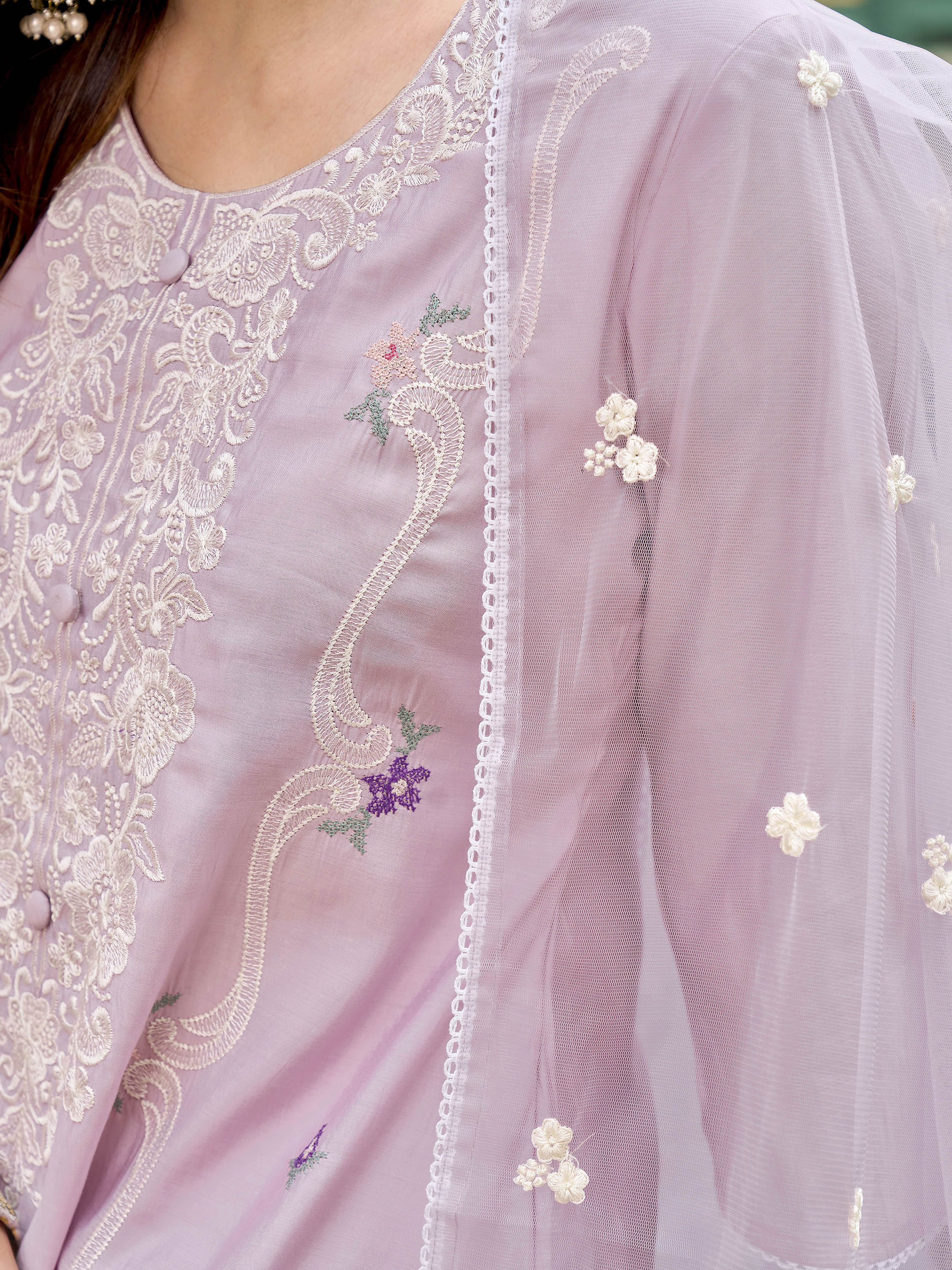 Pink color silk blend with colourful thread embroidered kurta & palazzo with dupatta set