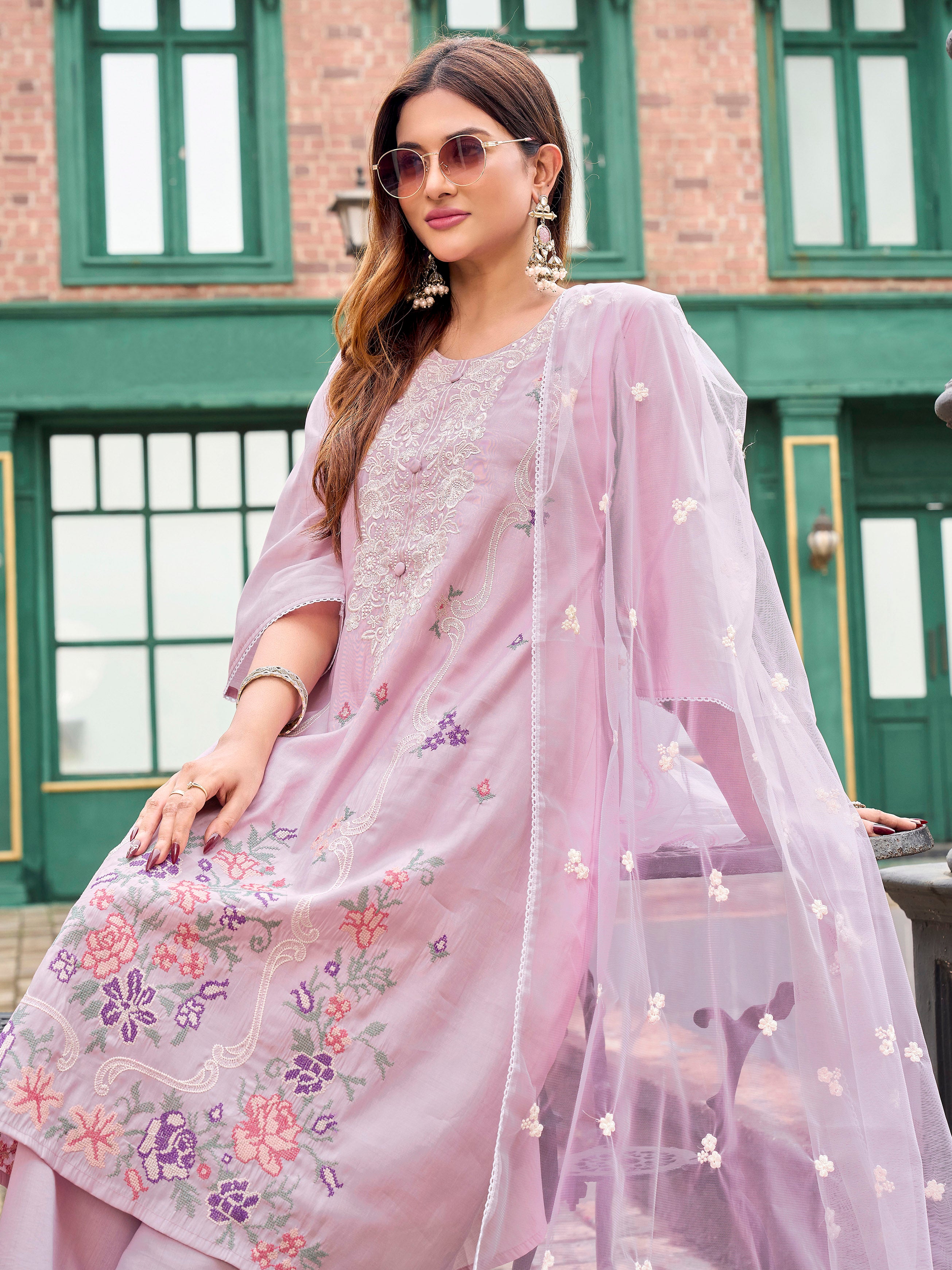 Pink color silk blend with colourful thread embroidered kurta & palazzo with dupatta set