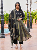 Black color silk blend & simmer with zari embroidery A line style kurta & trouser with dupatta set