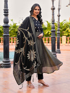 Black color silk blend & simmer with zari embroidery A line style kurta & trouser with dupatta set
