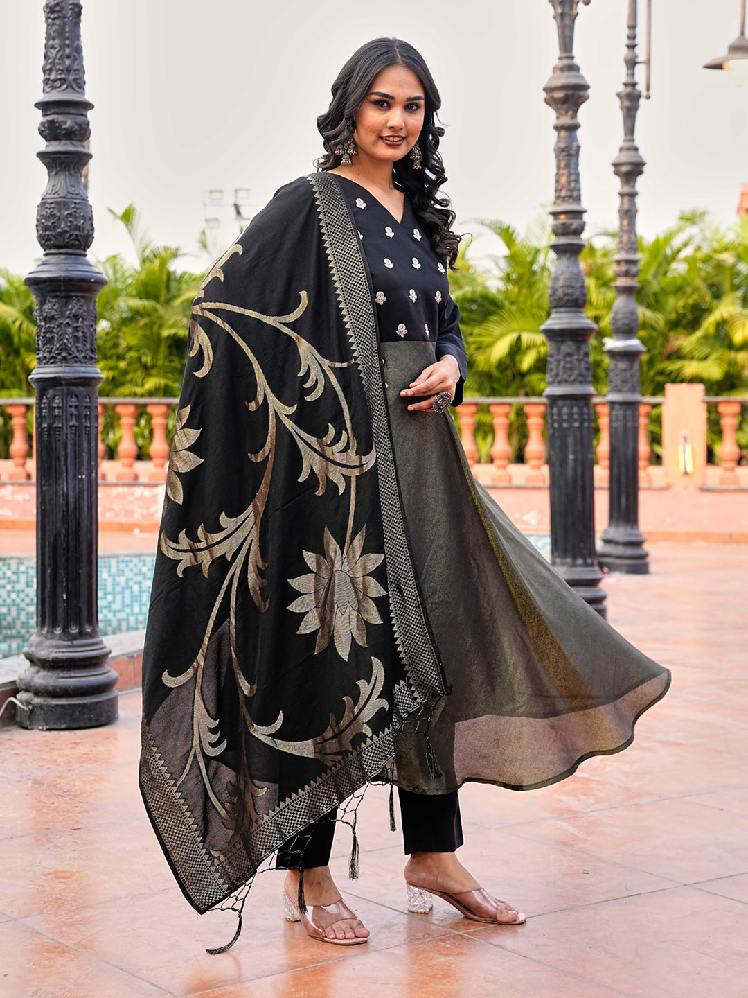 Black color silk blend & simmer with zari embroidery A line style kurta & trouser with dupatta set