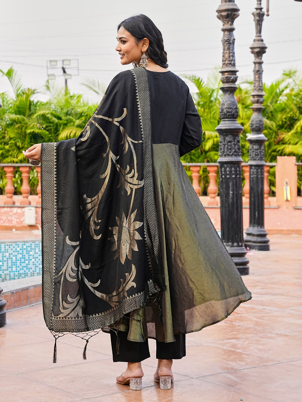 Black color silk blend & simmer with zari embroidery A line style kurta & trouser with dupatta set