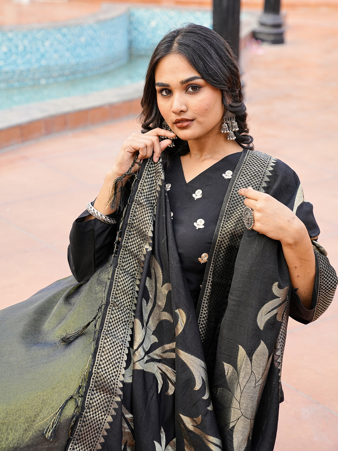 Black color silk blend & simmer with zari embroidery A line style kurta & trouser with dupatta set