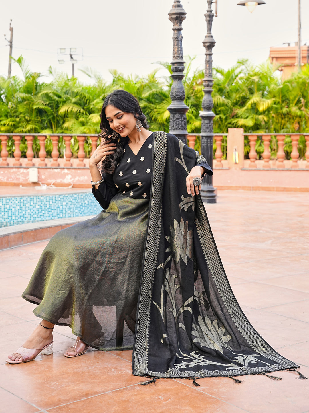 Black color silk blend & simmer with zari embroidery A line style kurta & trouser with dupatta set