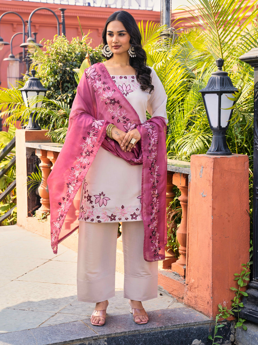 Beige color silk blend with thread work with sequinned kurta & farsi pant with dupatta set