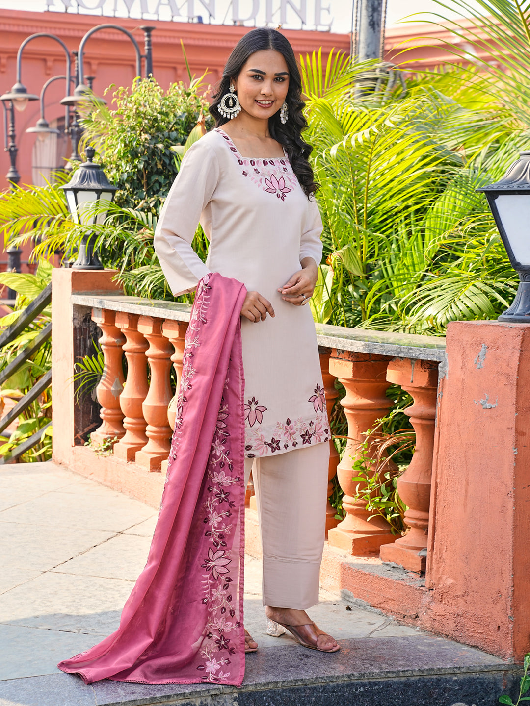Beige color silk blend with thread work with sequinned kurta & farsi pant with dupatta set