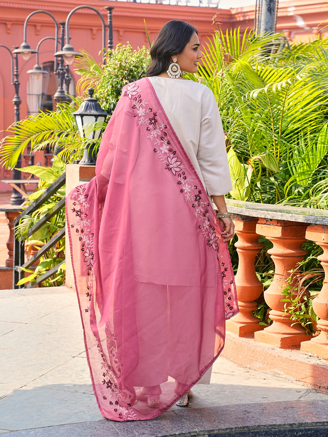 Beige color silk blend with thread work with sequinned kurta & farsi pant with dupatta set