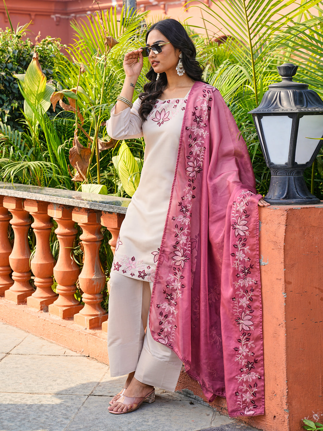 Beige color silk blend with thread work with sequinned kurta & farsi pant with dupatta set