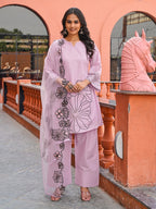 Pink color pure cotton with thread work embroidered A-line kurta & farsi pant with dupatta set