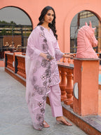 Pink color pure cotton with thread work embroidered A-line kurta & farsi pant with dupatta set
