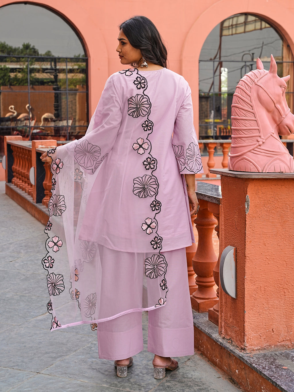 Pink color pure cotton with thread work embroidered A-line kurta & farsi pant with dupatta set