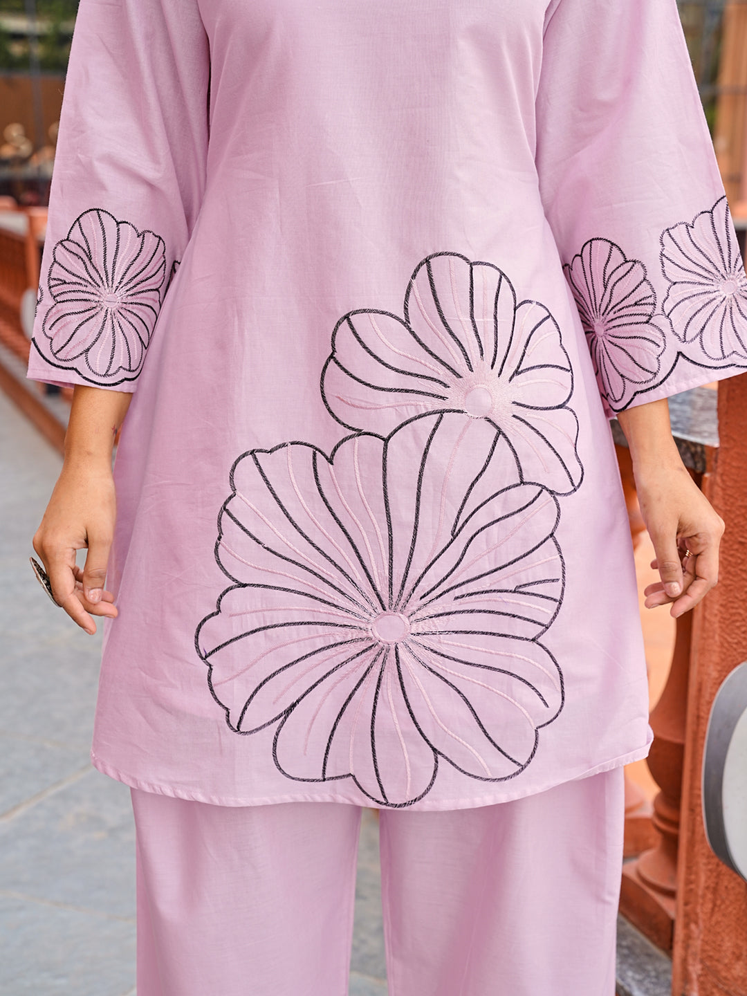 Pink color pure cotton with thread work embroidered A-line kurta & farsi pant with dupatta set