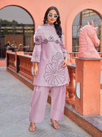 Pink color pure cotton with thread work embroidered A-line kurta & farsi pant with dupatta set