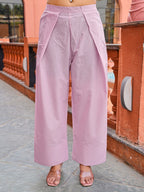 Pink color pure cotton with thread work embroidered A-line kurta & farsi pant with dupatta set