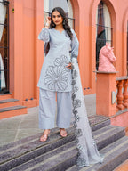 Blue color pure cotton with thread work embroidered A-line kurta & farsi pant with dupatta set