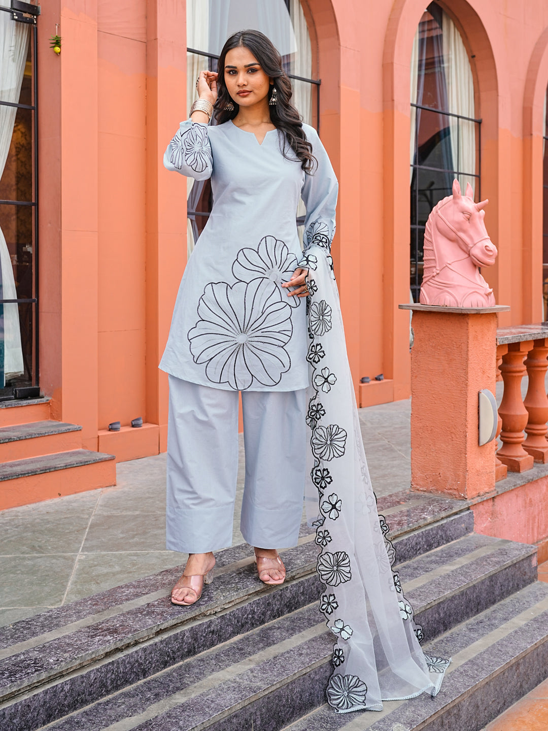 Blue color pure cotton with thread work embroidered A-line kurta & farsi pant with dupatta set