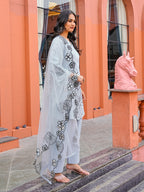 Blue color pure cotton with thread work embroidered A-line kurta & farsi pant with dupatta set