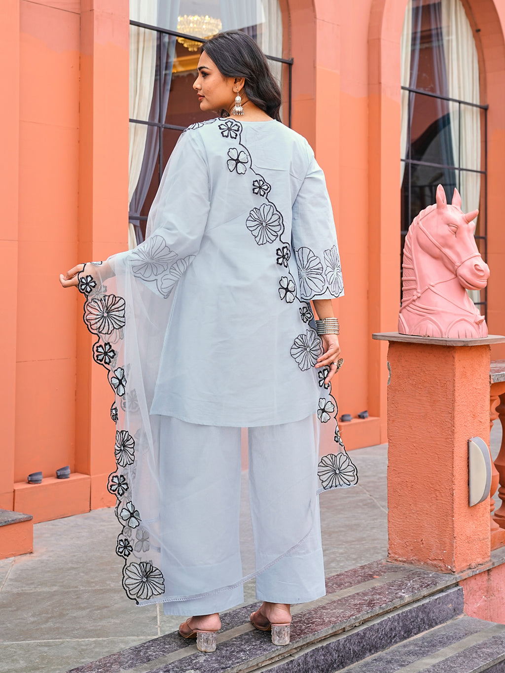 Blue color pure cotton with thread work embroidered A-line kurta & farsi pant with dupatta set