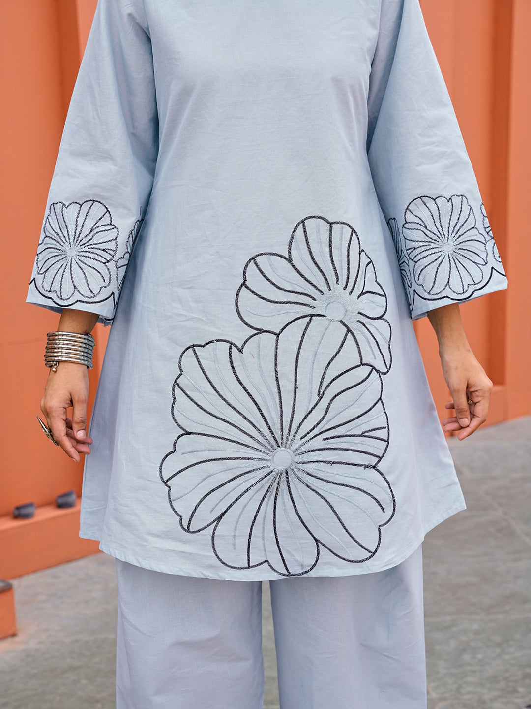 Blue color pure cotton with thread work embroidered A-line kurta & farsi pant with dupatta set