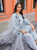 Blue color pure cotton with thread work embroidered A-line kurta & farsi pant with dupatta set