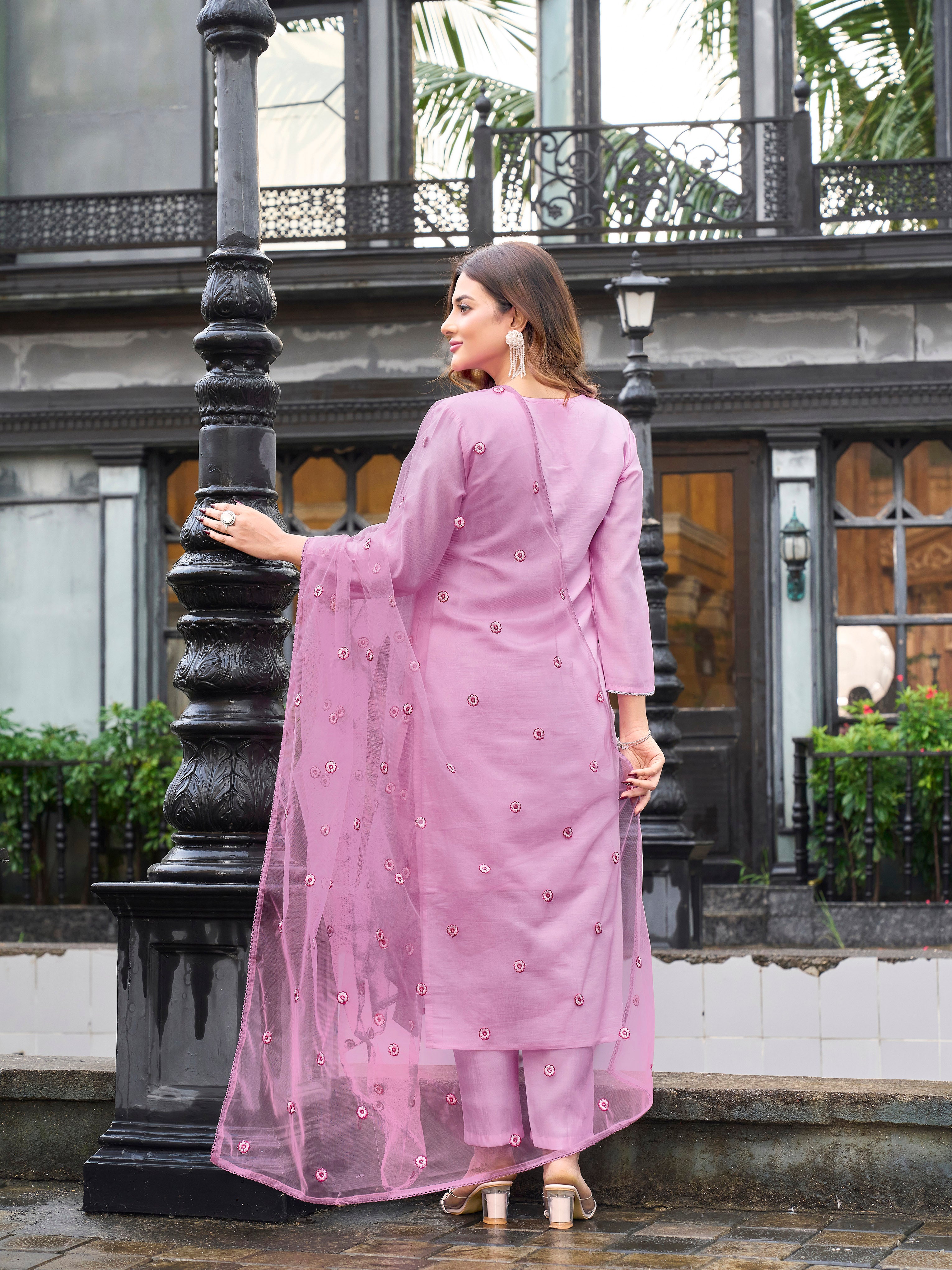 Pink color silk blend thread & sequence embroidered kurta & trouser with dupatta set