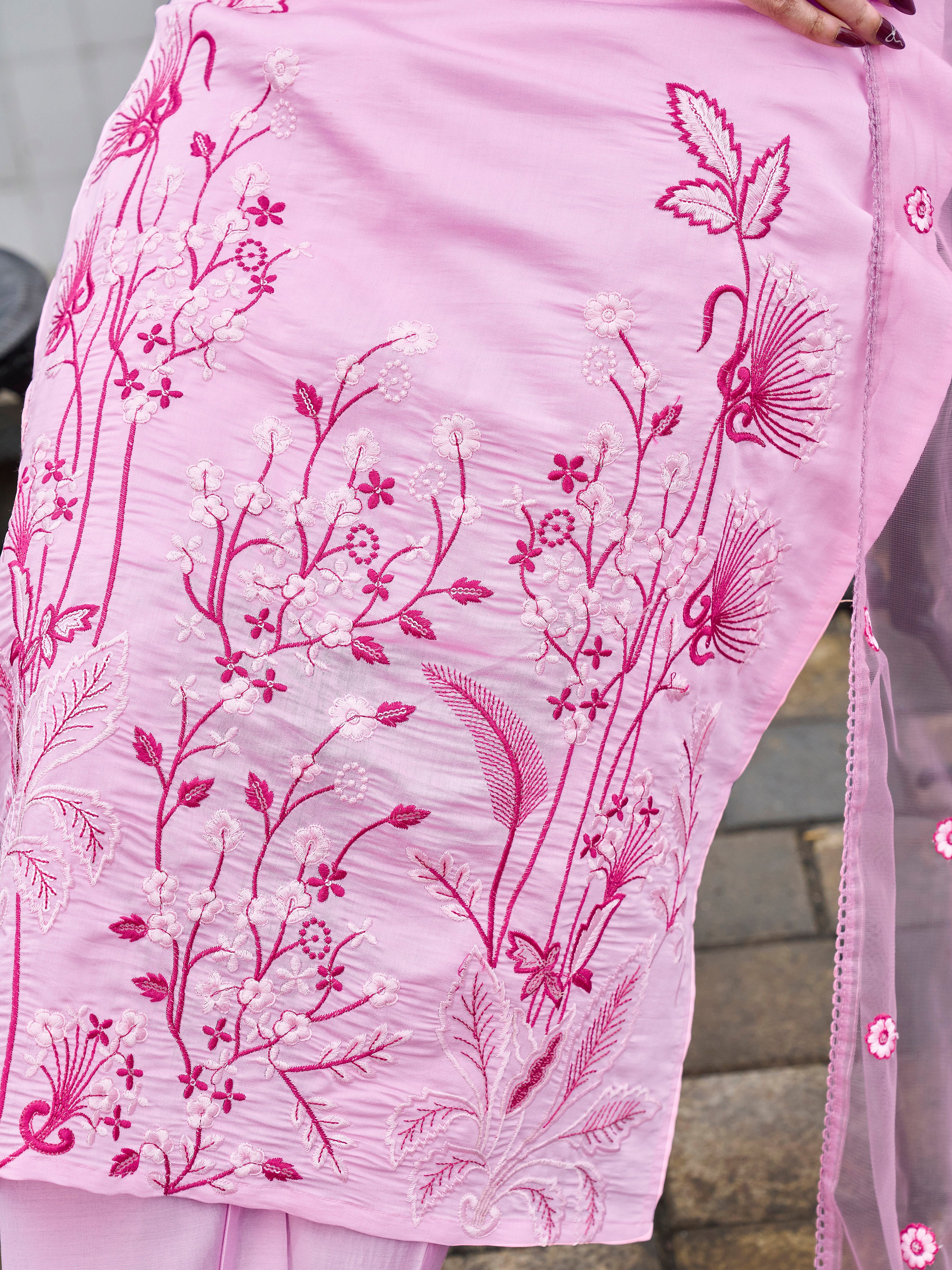 Pink color silk blend thread & sequence embroidered kurta & trouser with dupatta set