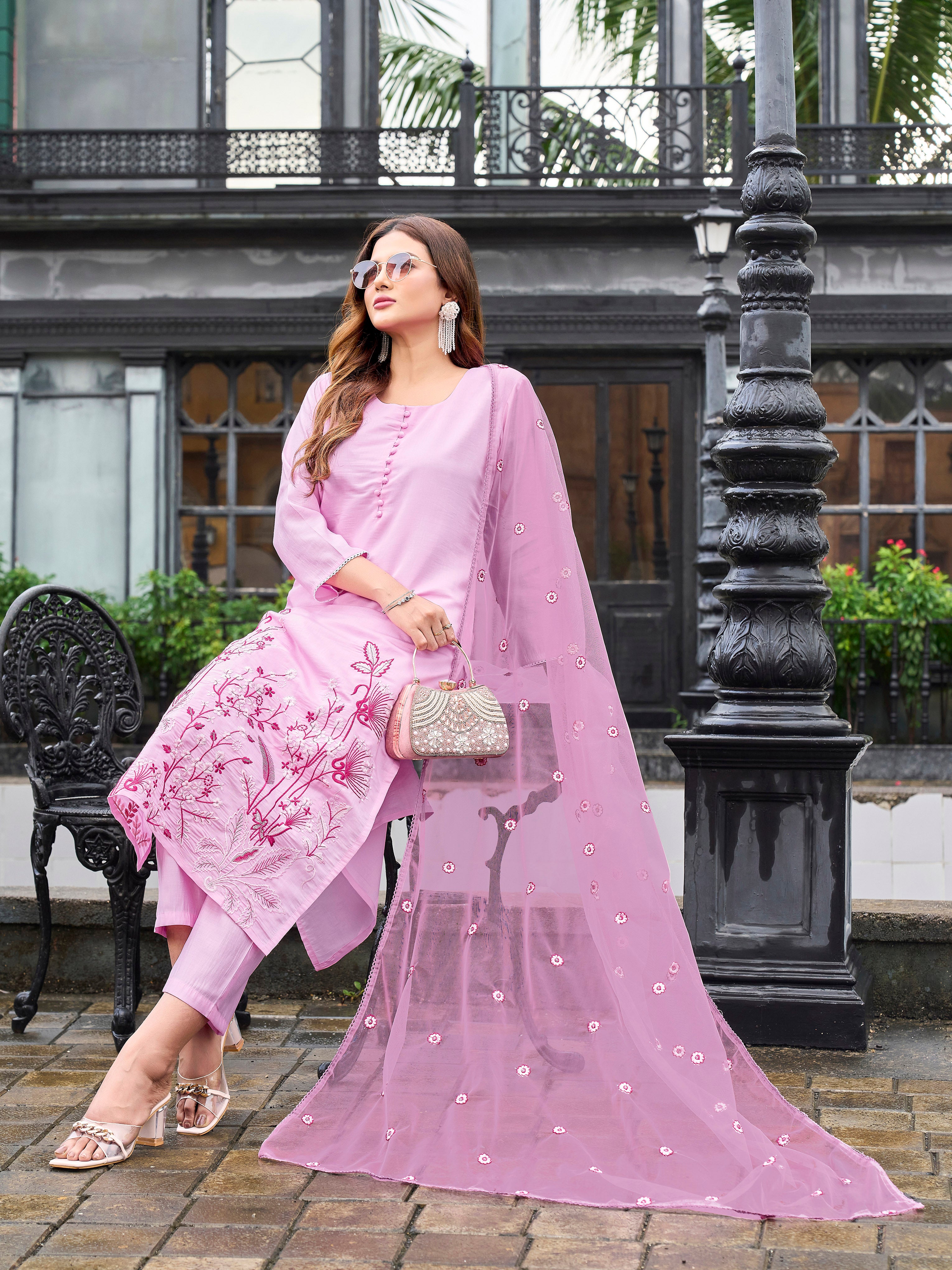 Pink color silk blend thread & sequence embroidered kurta & trouser with dupatta set