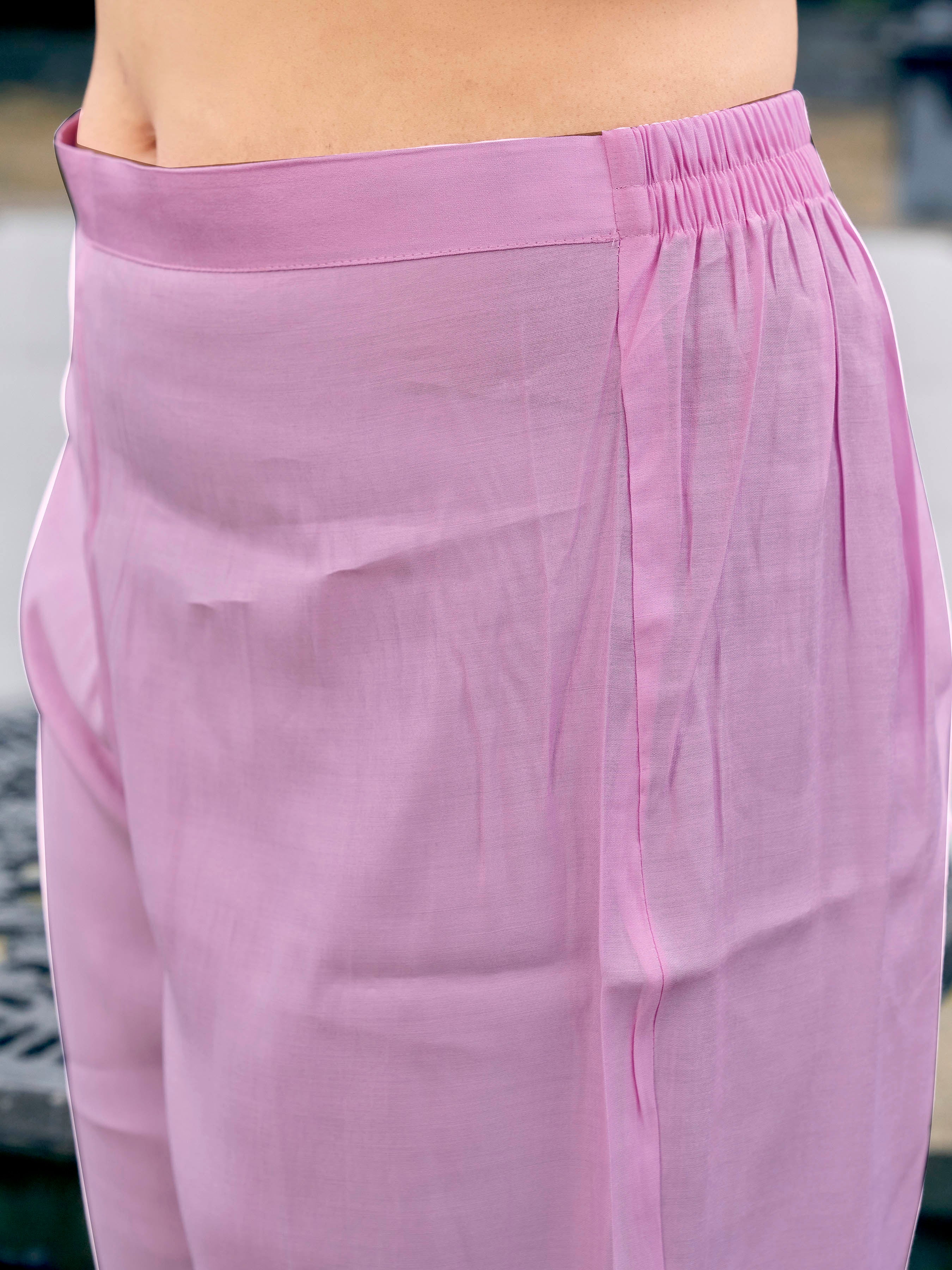 Pink color silk blend thread & sequence embroidered kurta & trouser with dupatta set