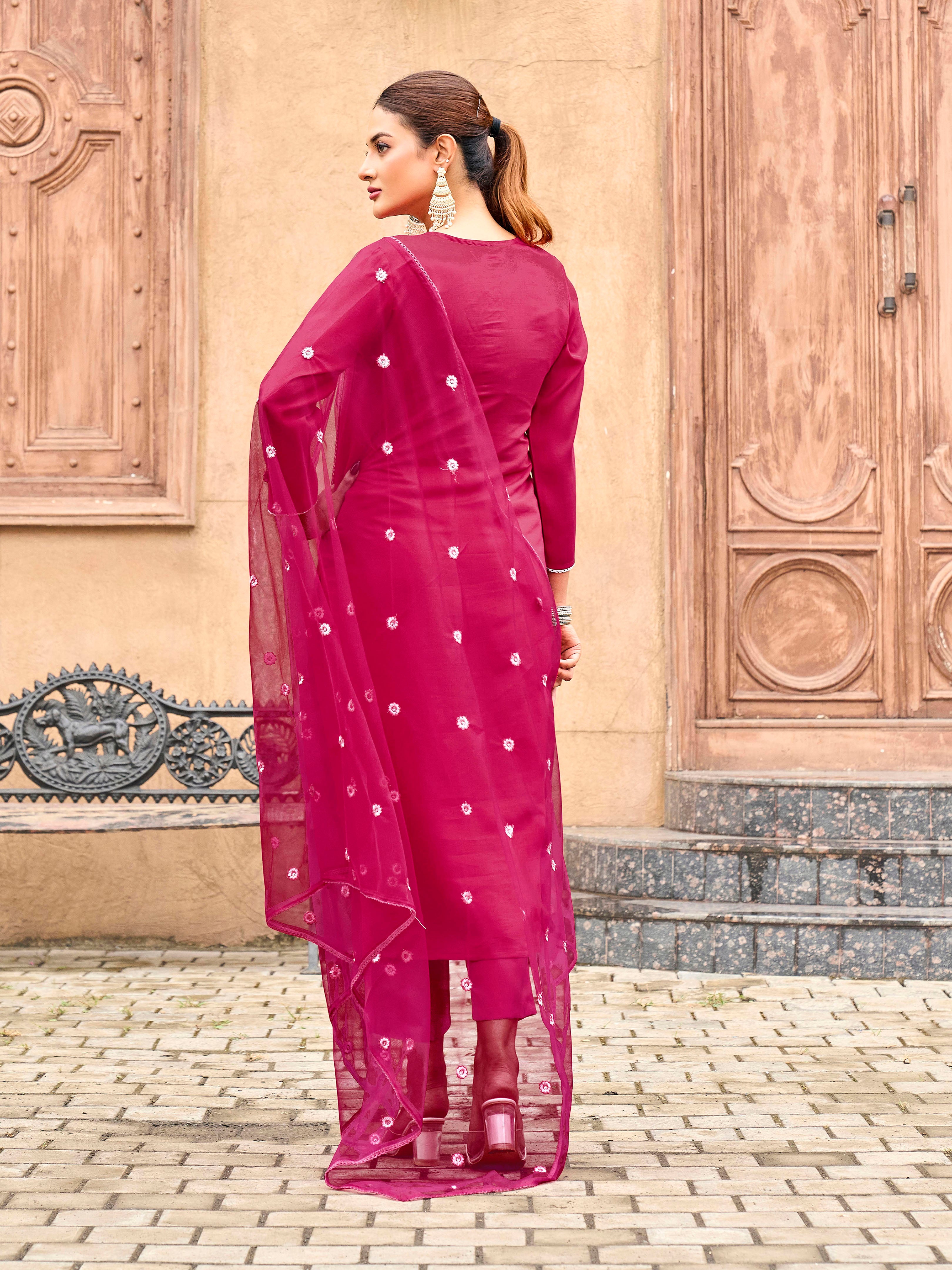 Rani Pink color silk blend thread & sequence embroidered kurta & trouser with dupatta set