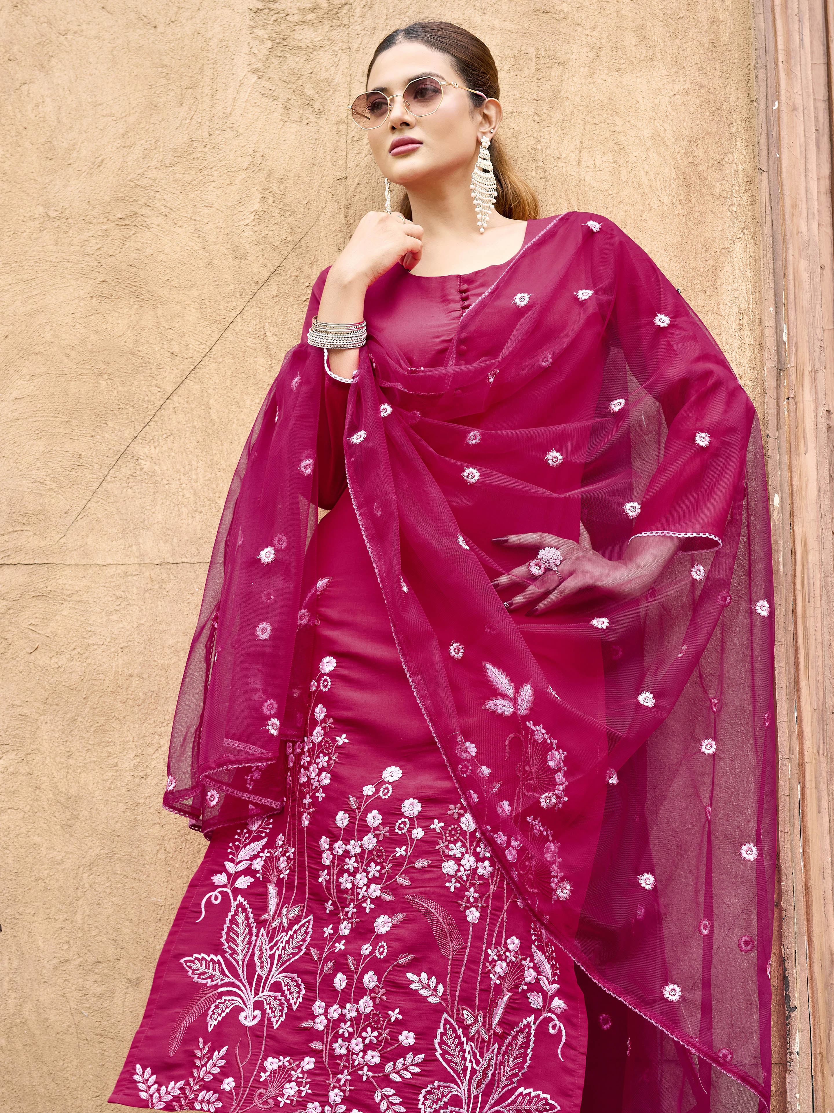 Rani Pink color silk blend thread & sequence embroidered kurta & trouser with dupatta set