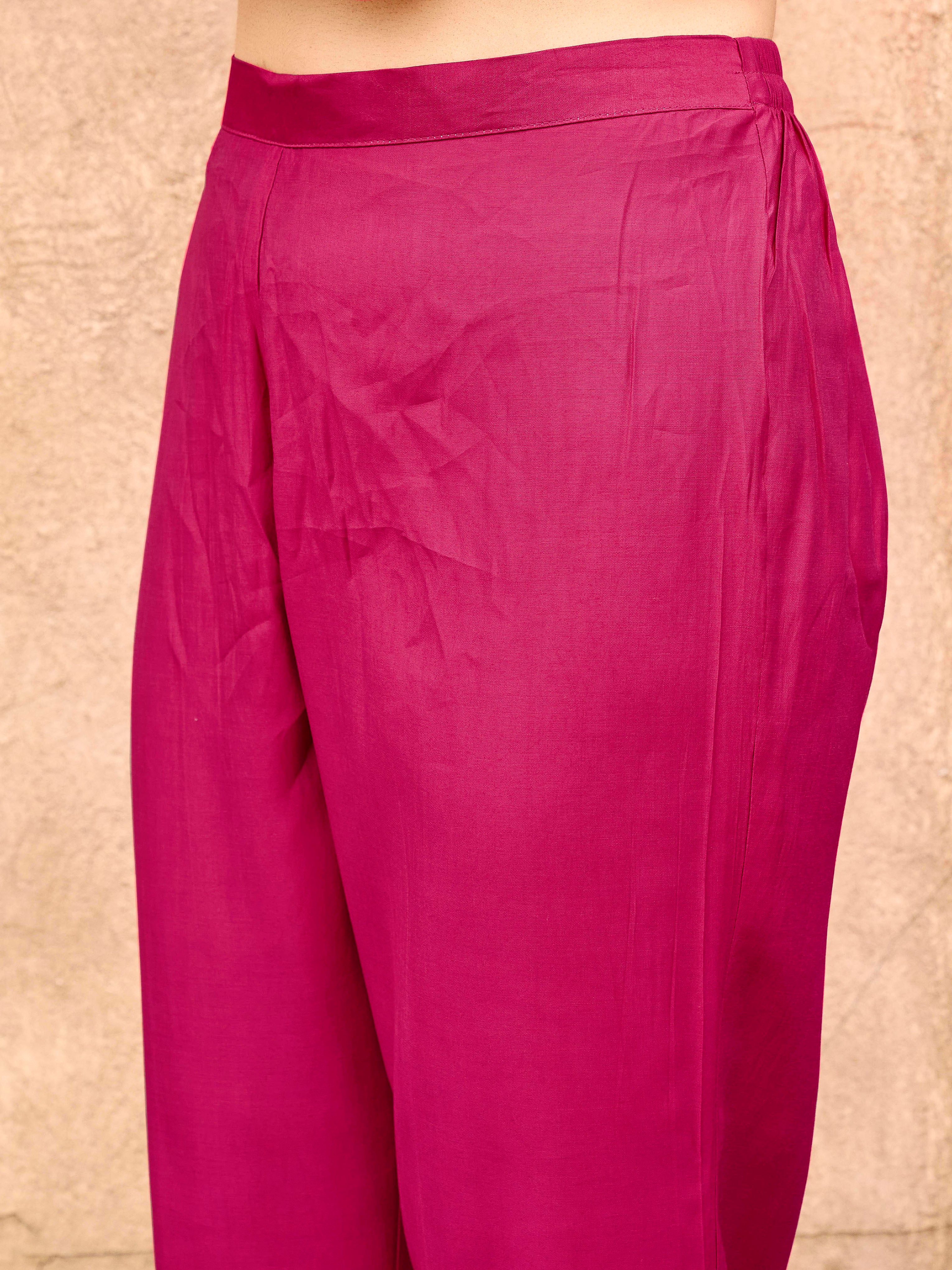 Rani Pink color silk blend thread & sequence embroidered kurta & trouser with dupatta set