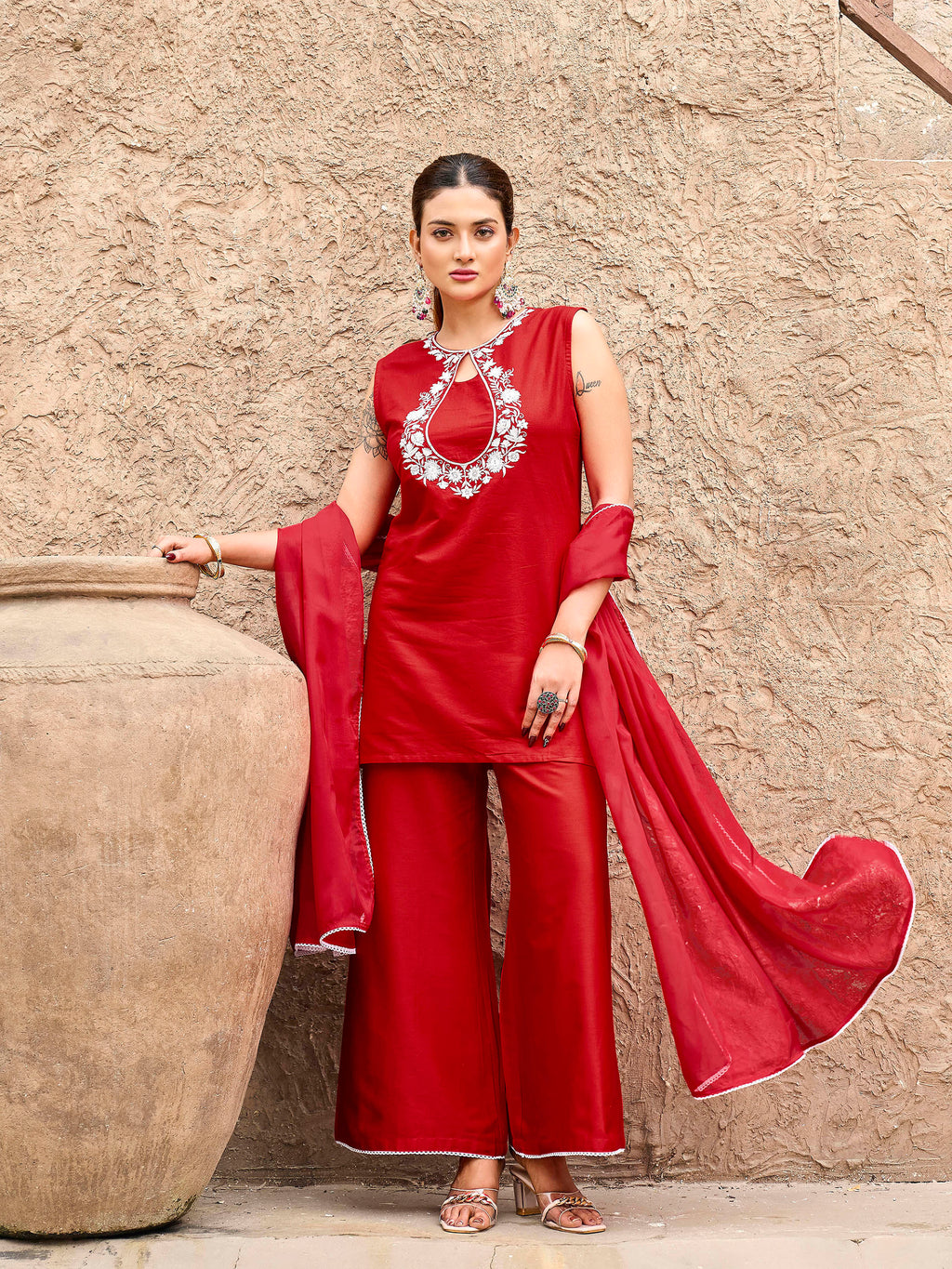 Red color silk blend with white thread embroidered kurta & palazzo with dupatta set