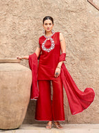 Red color silk blend with white thread embroidered kurta & palazzo with dupatta set