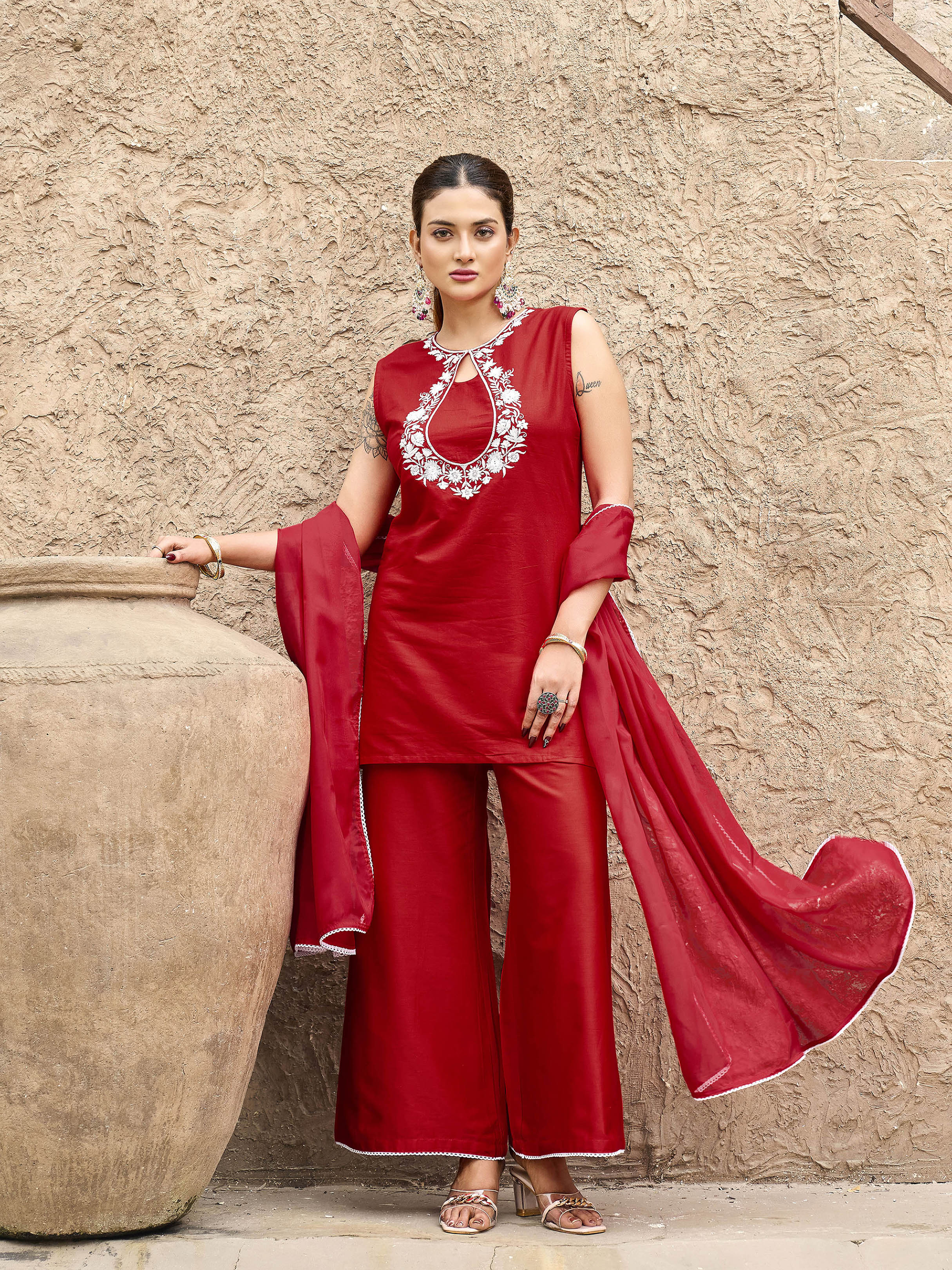 Red color silk blend with white thread embroidered kurta & palazzo with dupatta set