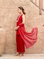 Red color silk blend with white thread embroidered kurta & palazzo with dupatta set
