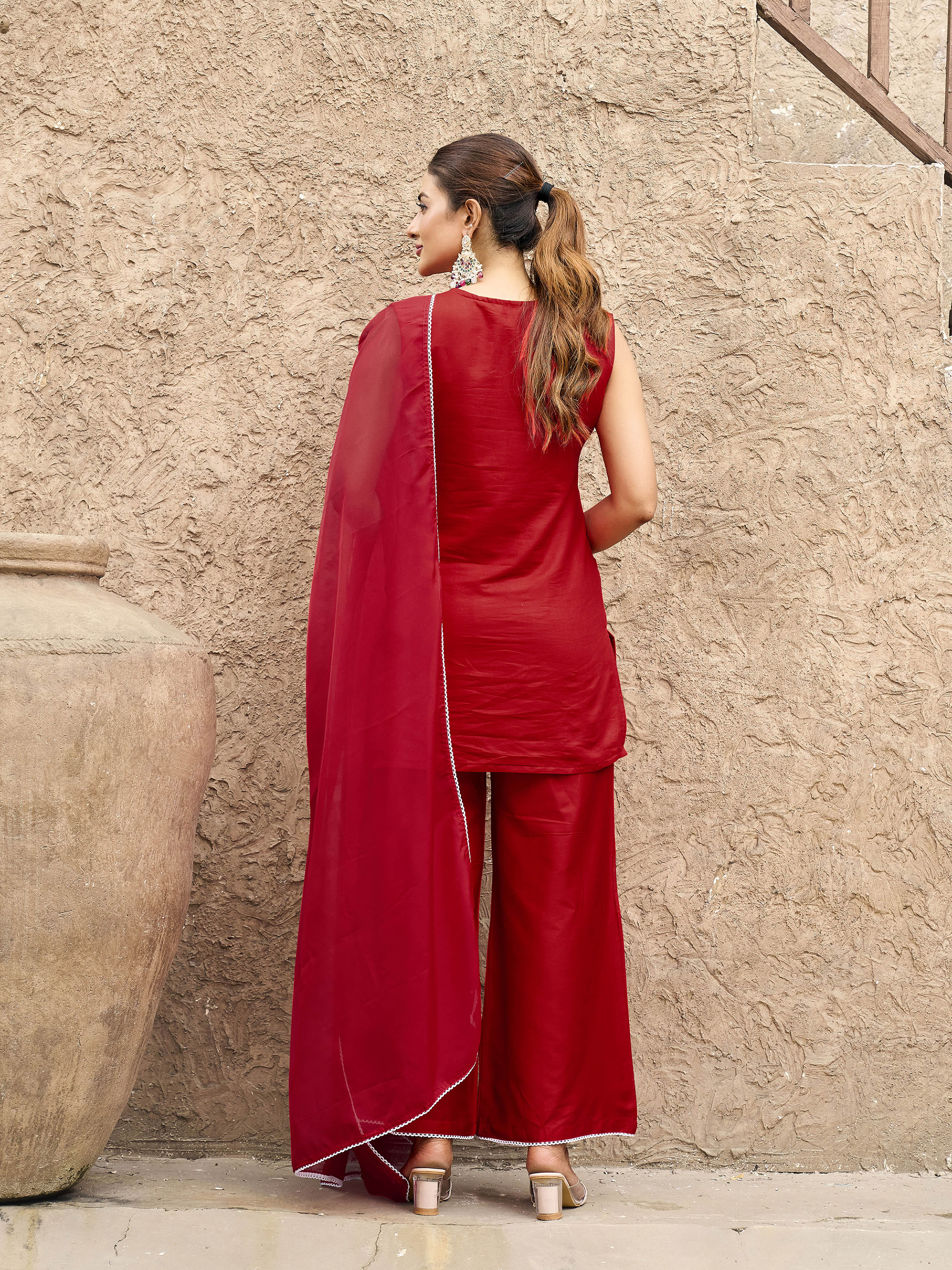 Red color silk blend with white thread embroidered kurta & palazzo with dupatta set