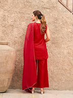 Red color silk blend with white thread embroidered kurta & palazzo with dupatta set